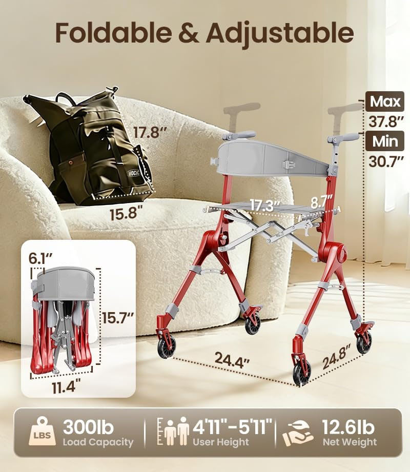 🔥[Hot sale]🔥Ultra Lightweight Foldable Rollator Walker for Adults Dual X‑Design Supports 300 lbs With Foot Brake System Carry Bag Elderly Mobility Aid