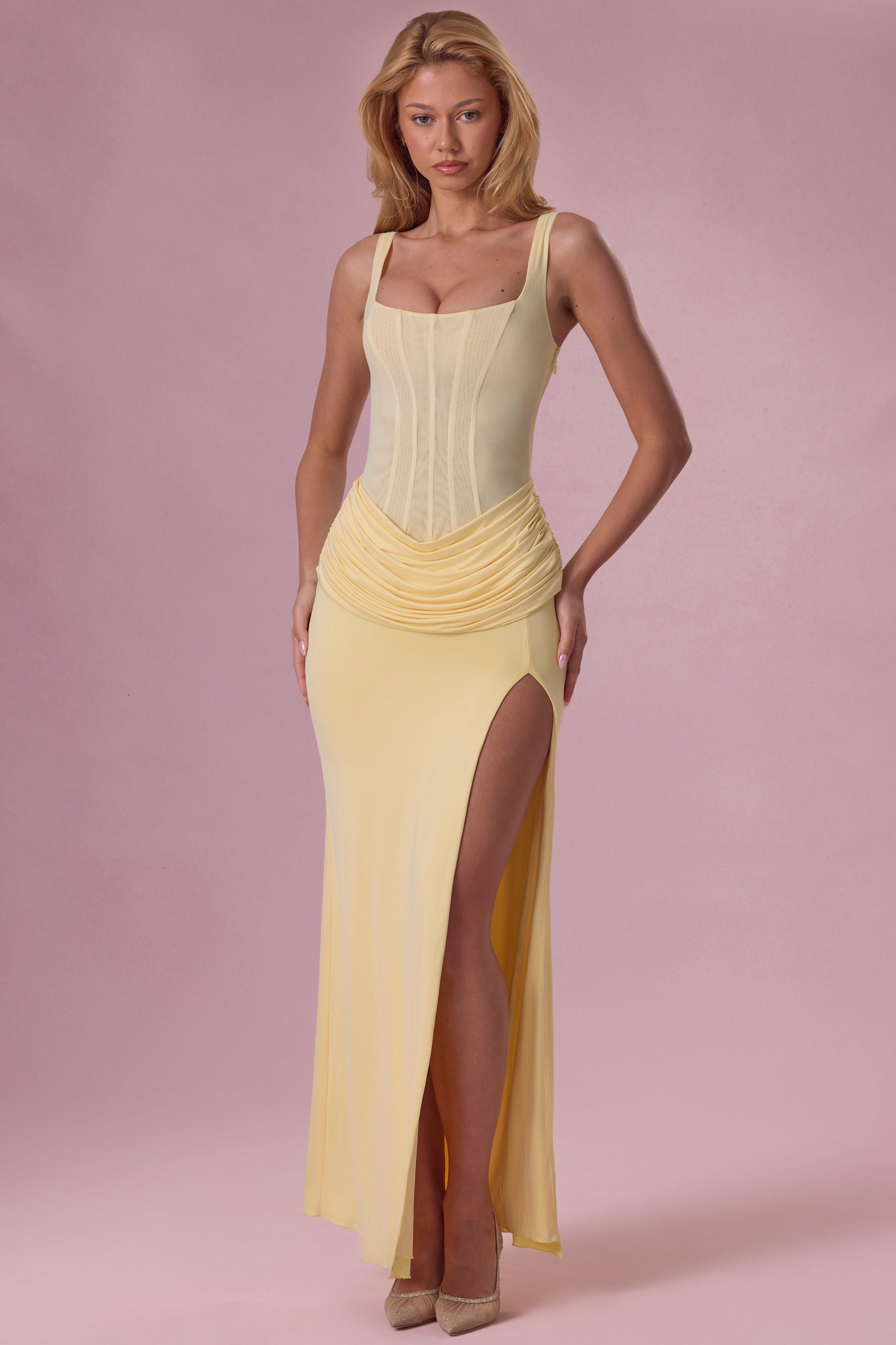 Mesh Draped Bridesmaid Dress in Butter Yellow