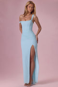 Premium Mesh Draped Corset Gown in Light Aqua