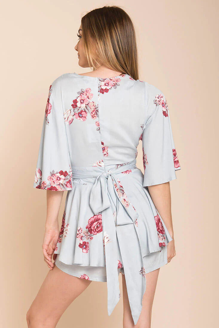 Rosalynn Bow Tie Floral Romper Blue