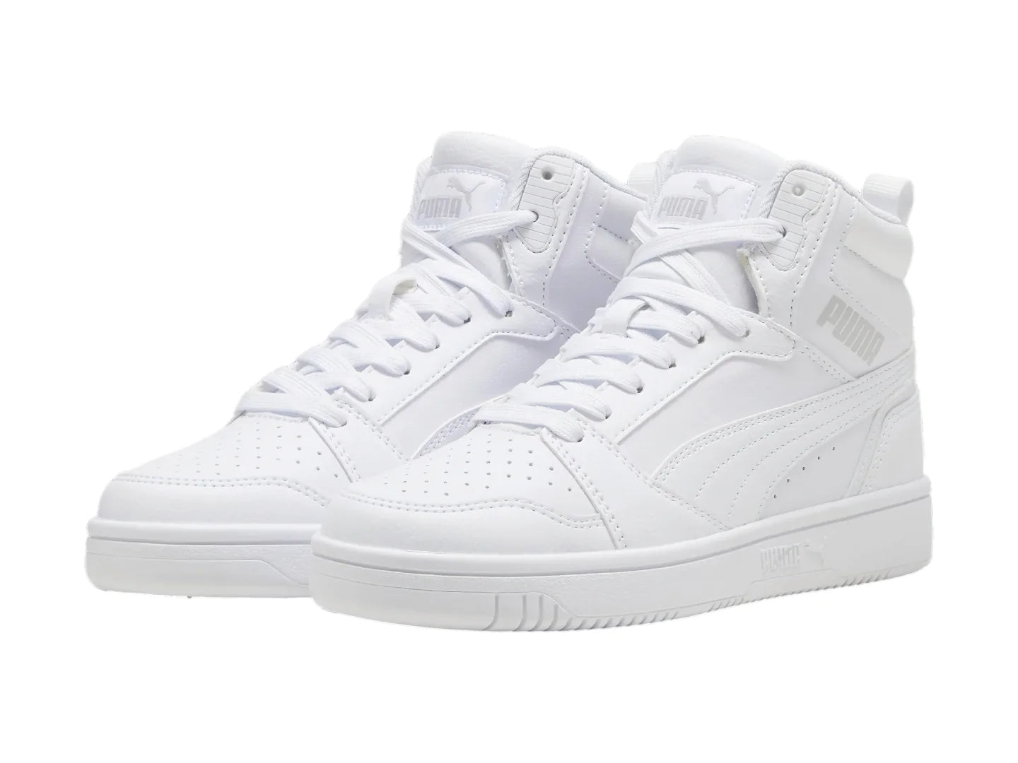 Tenis PUMA Rebound V6 Mid Blancos y Grises para Niño