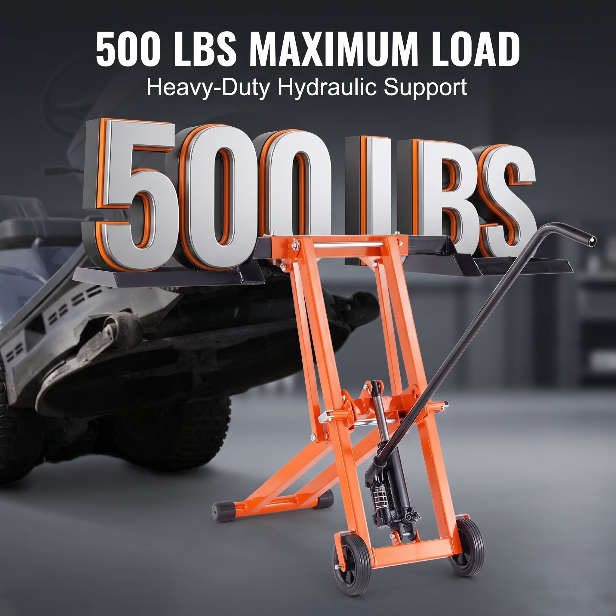 500 LBS Hydraulic Lawn Mower Lift | Adjustable Universal Lawn Lifter, Solid Carbon Steel Construction for Riding Tractors, Zero-Turn Mowers & Utility ATVs, Orange
