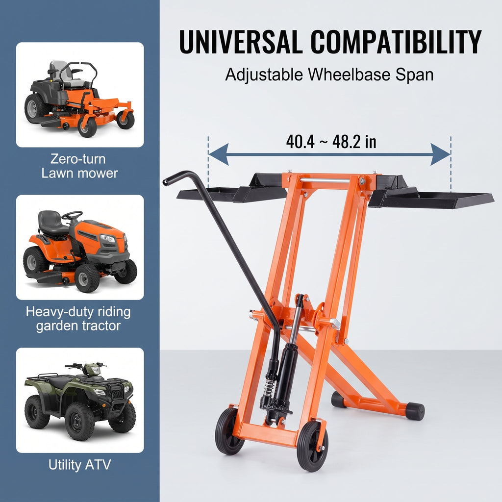 500 LBS Hydraulic Lawn Mower Lift | Adjustable Universal Lawn Lifter, Solid Carbon Steel Construction for Riding Tractors, Zero-Turn Mowers & Utility ATVs, Orange