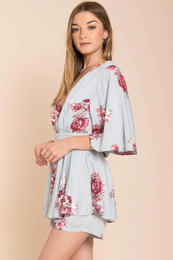 Rosalynn Bow Tie Floral Romper Blue