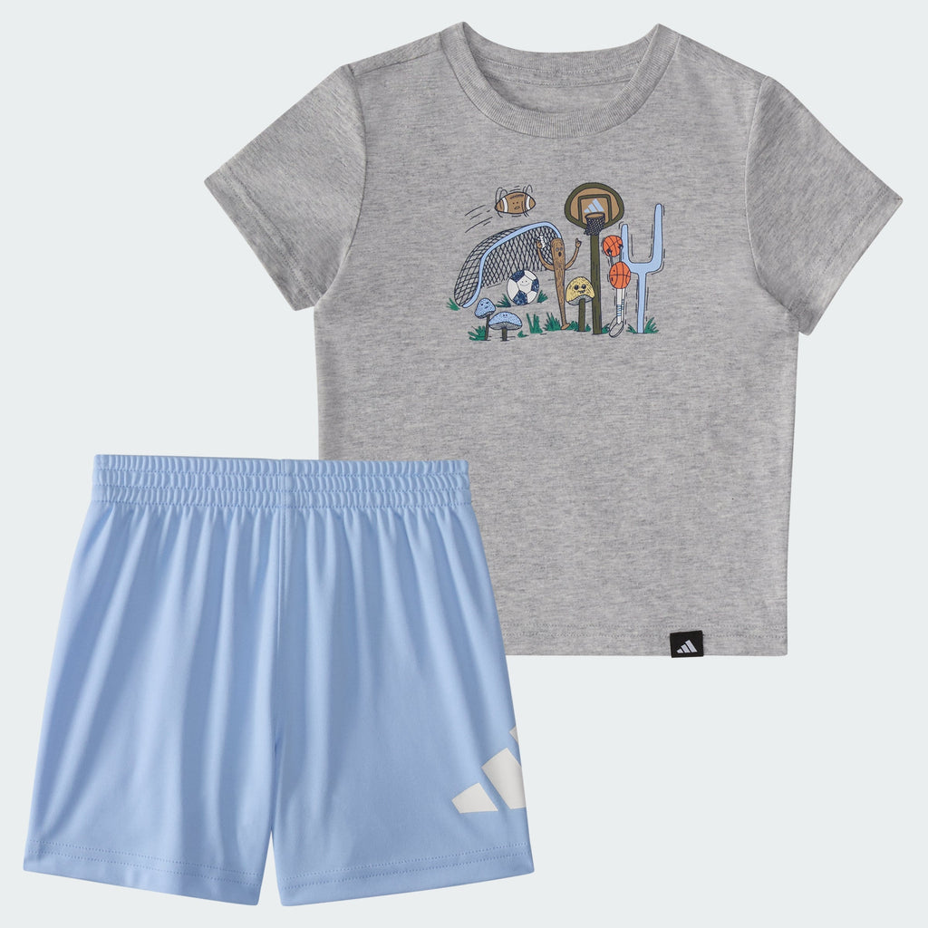 Kids' adidas Two-Piece Short Sleeve Cotton Heather Tee and Elastic Waistband Logo Shorts Set