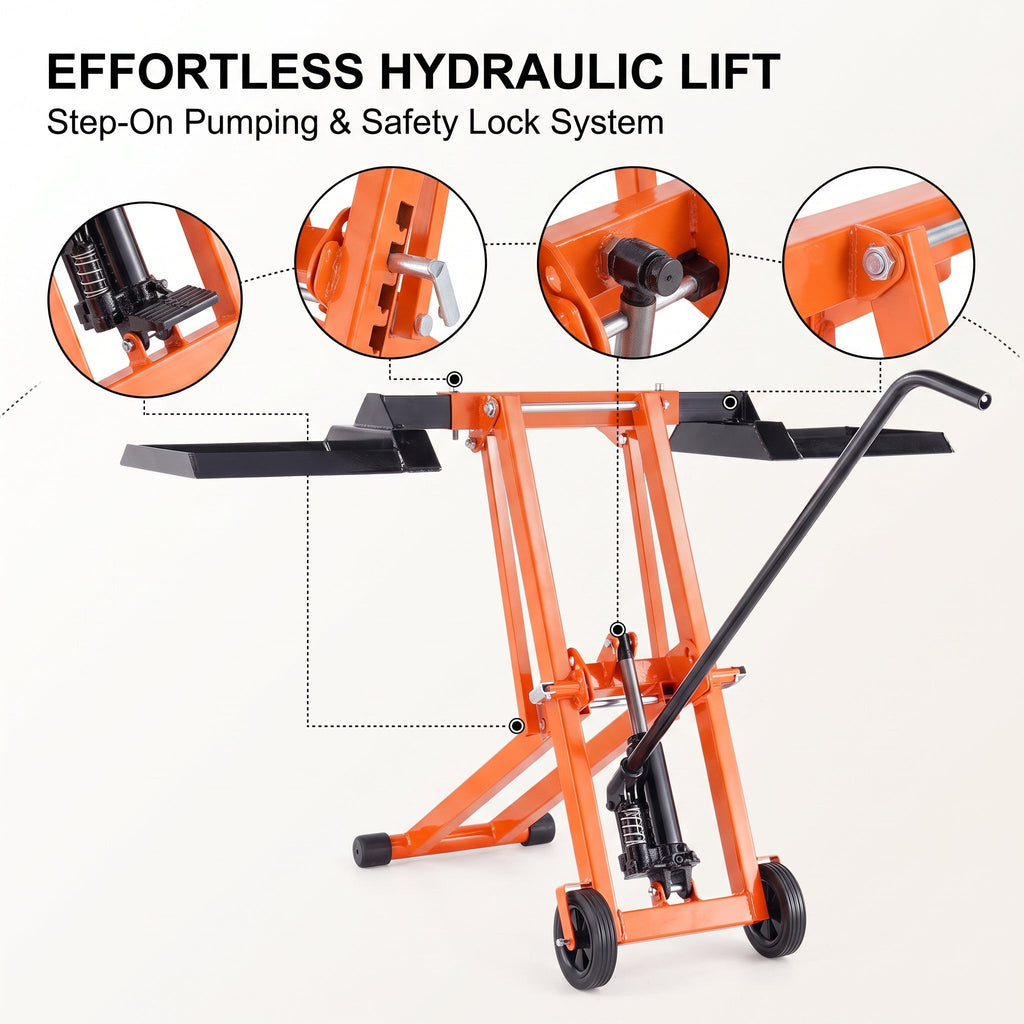 500 LBS Hydraulic Lawn Mower Lift | Adjustable Universal Lawn Lifter, Solid Carbon Steel Construction for Riding Tractors, Zero-Turn Mowers & Utility ATVs, Orange