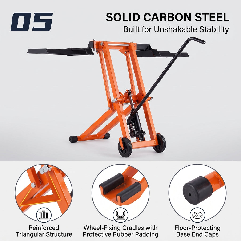 500 LBS Hydraulic Lawn Mower Lift | Adjustable Universal Lawn Lifter, Solid Carbon Steel Construction for Riding Tractors, Zero-Turn Mowers & Utility ATVs, Orange