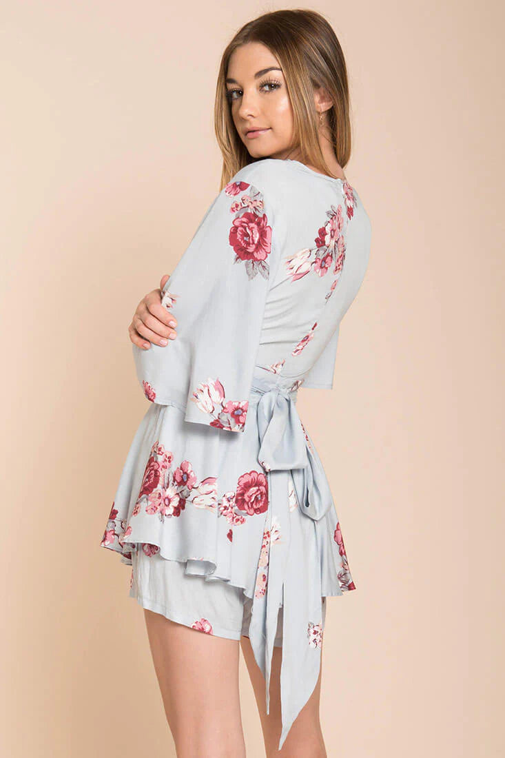 Rosalynn Bow Tie Floral Romper Blue