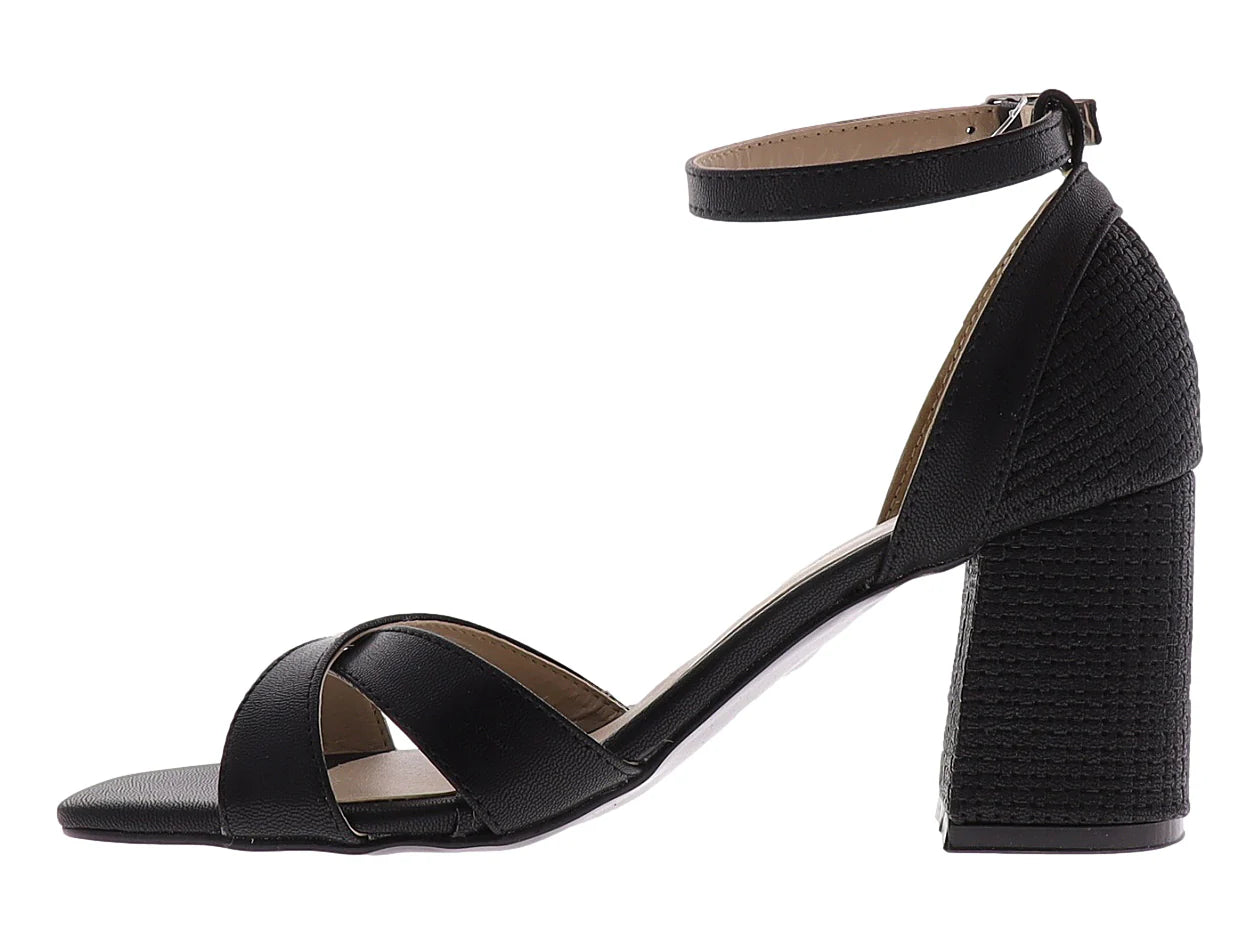Sandalias Luna Rosa Negro Tacón Cuadrado para Mujer