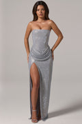 Embellished Bandeau Cowl-Waist Maxi Dress in Silver