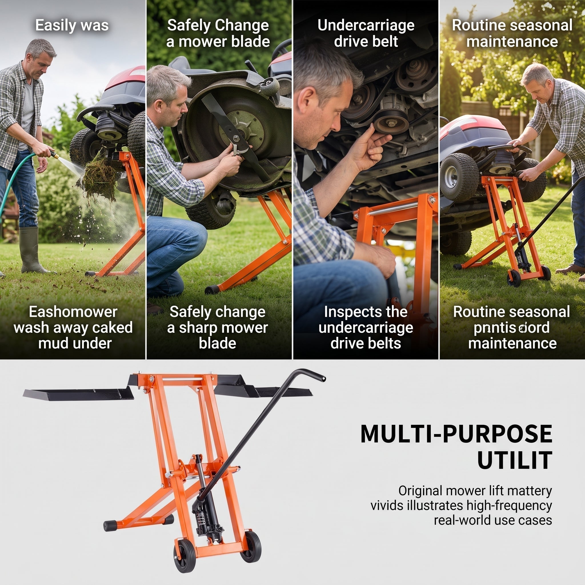 500 LBS Hydraulic Lawn Mower Lift | Adjustable Universal Lawn Lifter, Solid Carbon Steel Construction for Riding Tractors, Zero-Turn Mowers & Utility ATVs, Orange