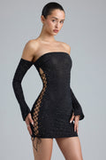 Embellished Lace-Up Off-Shoulder Mini Dress in Black