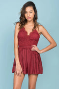 Henley Lace Top Romper Burgundy