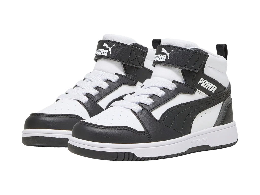 Tenis PUMA Rebound V6 Mid Blancos y Negros para Niño
