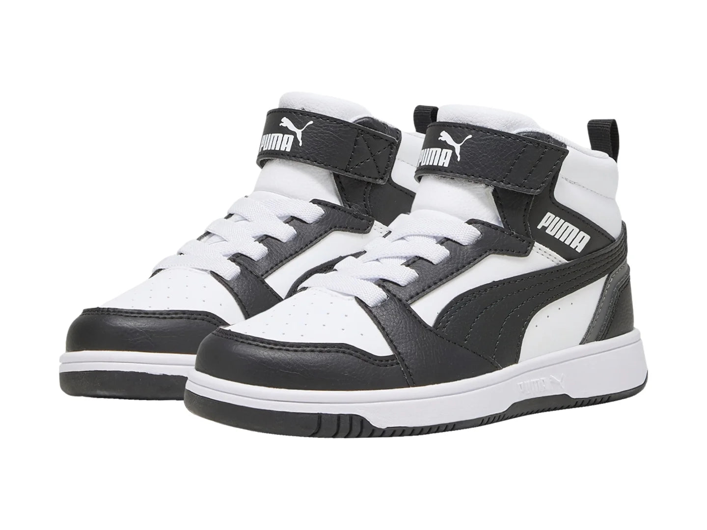 Tenis PUMA Rebound V6 Mid Blancos y Negros para Niño