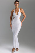 Embellished Cut-Out Backless Maxi Dress in White