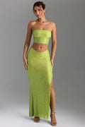 Embellished V-Waist Thigh-Split Maxi Skirt in Pear Green