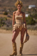 Ruffled Lace-Up Corset Playsuit in Tan