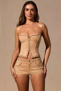 Lace-Up Corset Top  in Tan