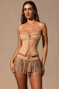 Fringed Low-Rise Mini Shorts in Tan