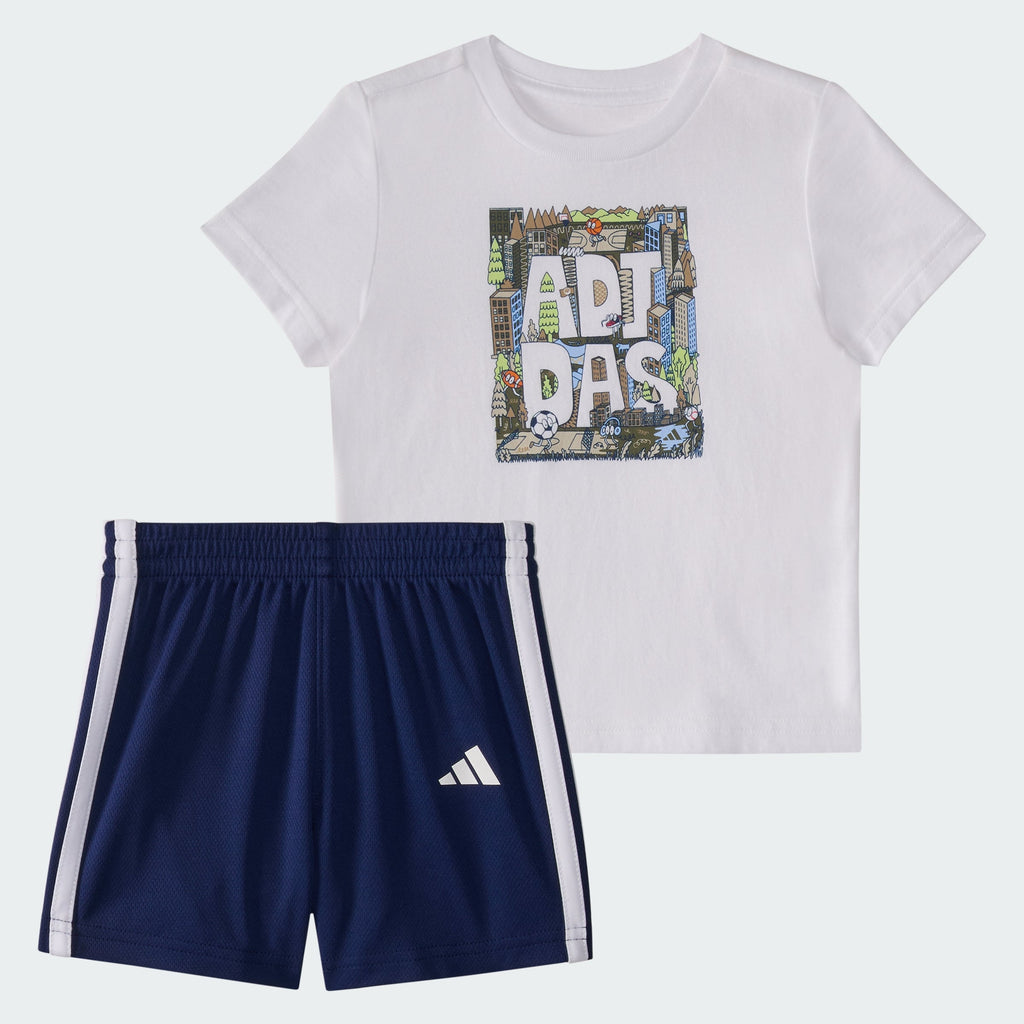 Kids' adidas Two-Piece Short Sleeve Graphic Cotton Tee and 3-Stripes Shorts Set