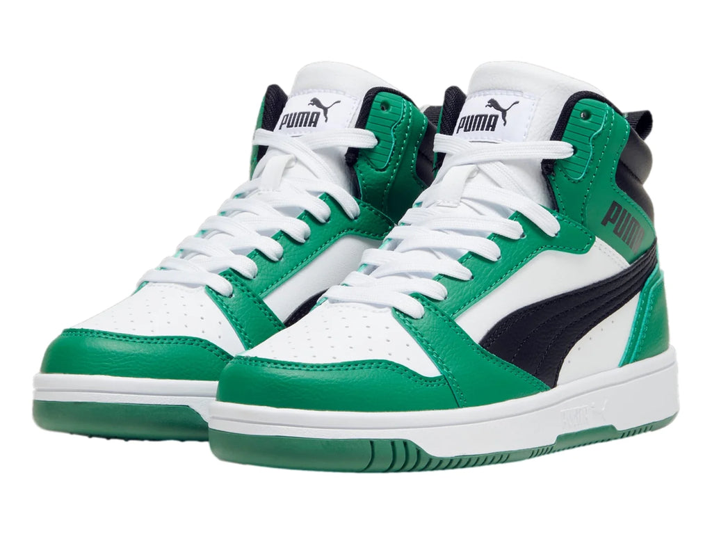 Tenis PUMA Rebound V6 Mid Blanco y Verde para Niño