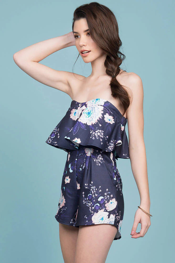 Fiesta Floral Ruffle Party Romper Navy