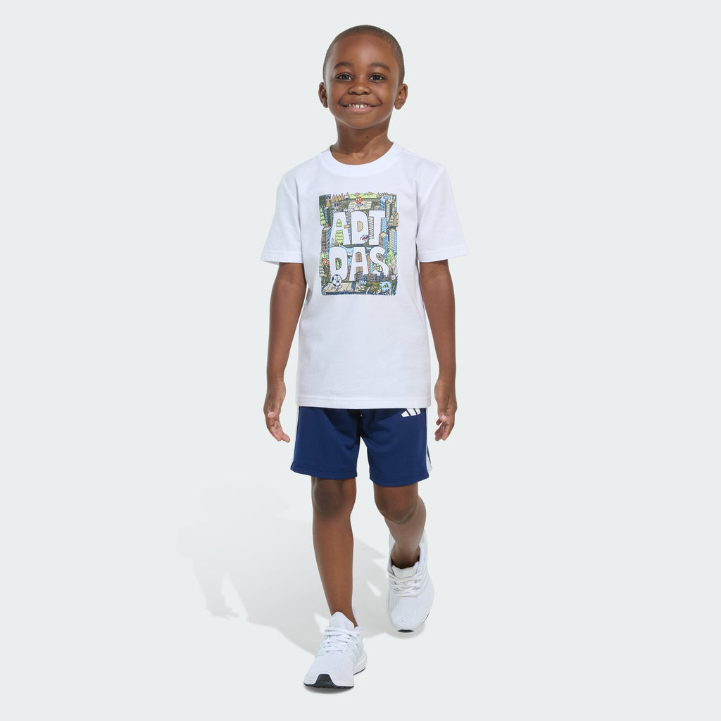 Kids' adidas Two-Piece Short Sleeve Graphic Cotton Tee and 3-Stripes Shorts Set