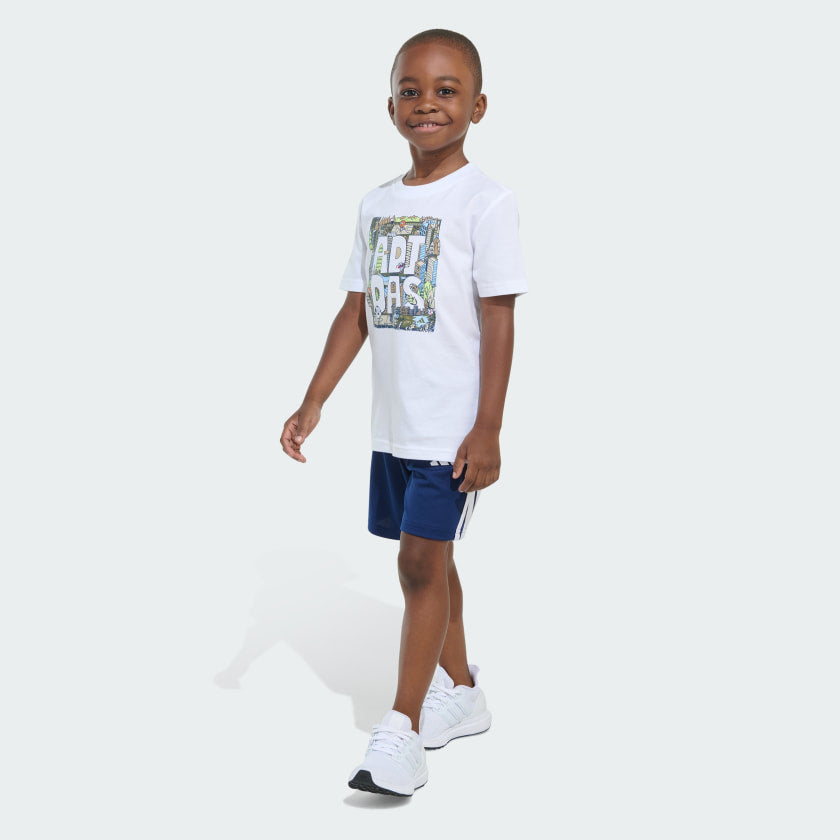 Kids' adidas Two-Piece Short Sleeve Graphic Cotton Tee and 3-Stripes Shorts Set