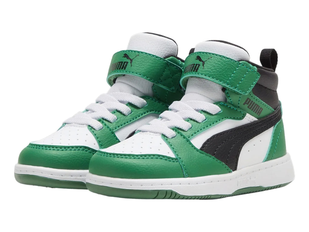 Tenis PUMA Rebound V6 Mid Blanco y Verde para Niño