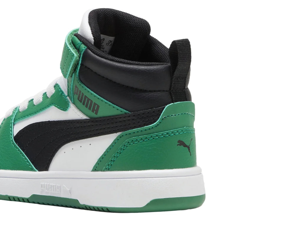 Tenis PUMA Rebound V6 Mid Blanco y Verde para Niño