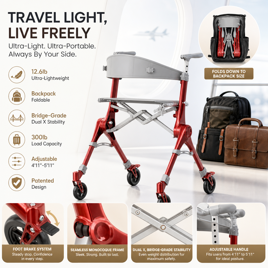🔥[Hot sale]🔥Ultra Lightweight Foldable Rollator Walker for Adults Dual X‑Design Supports 300 lbs With Foot Brake System Carry Bag Elderly Mobility Aid