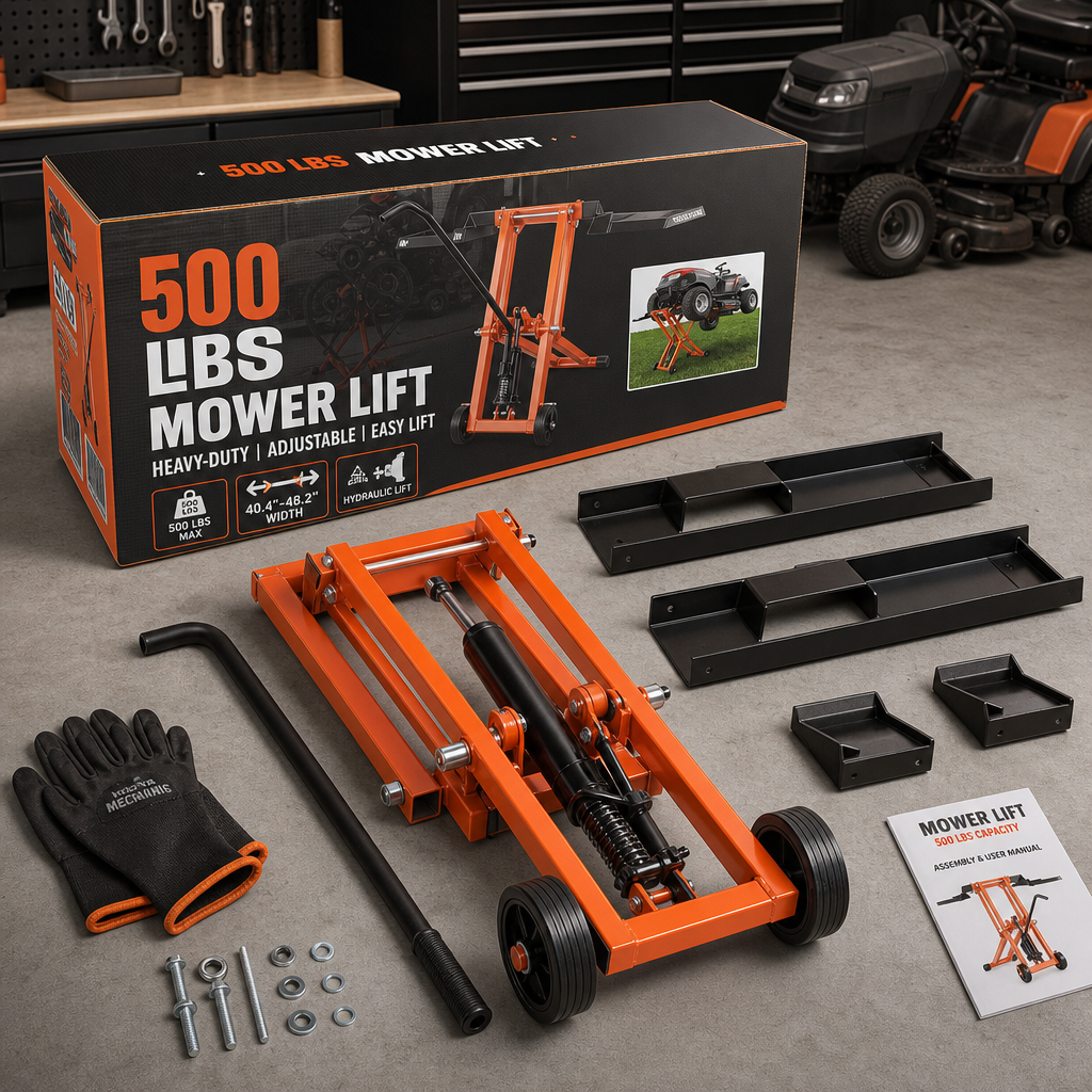 500 LBS Hydraulic Lawn Mower Lift | Adjustable Universal Lawn Lifter, Solid Carbon Steel Construction for Riding Tractors, Zero-Turn Mowers & Utility ATVs, Orange