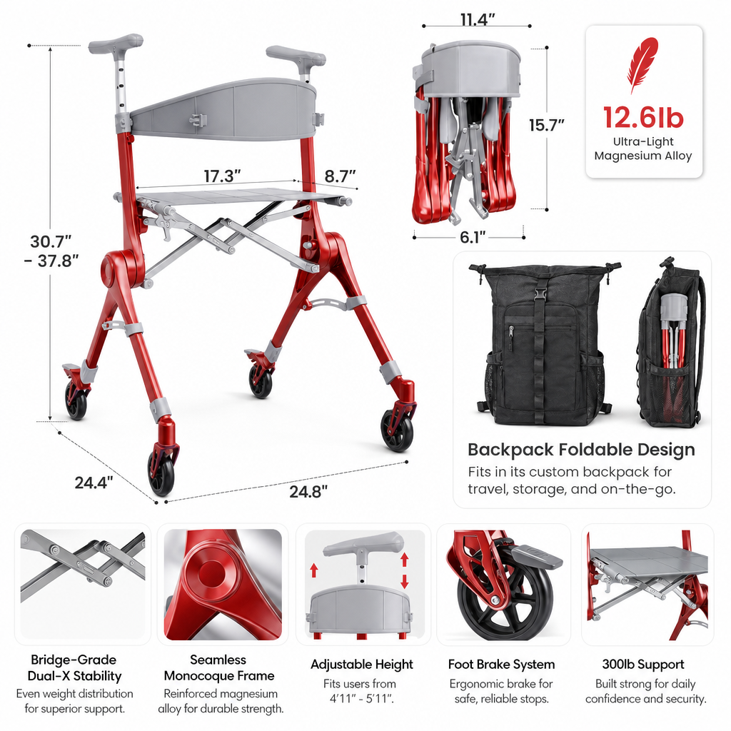 🔥[Hot sale]🔥Ultra Lightweight Foldable Rollator Walker for Adults Dual X‑Design Supports 300 lbs With Foot Brake System Carry Bag Elderly Mobility Aid