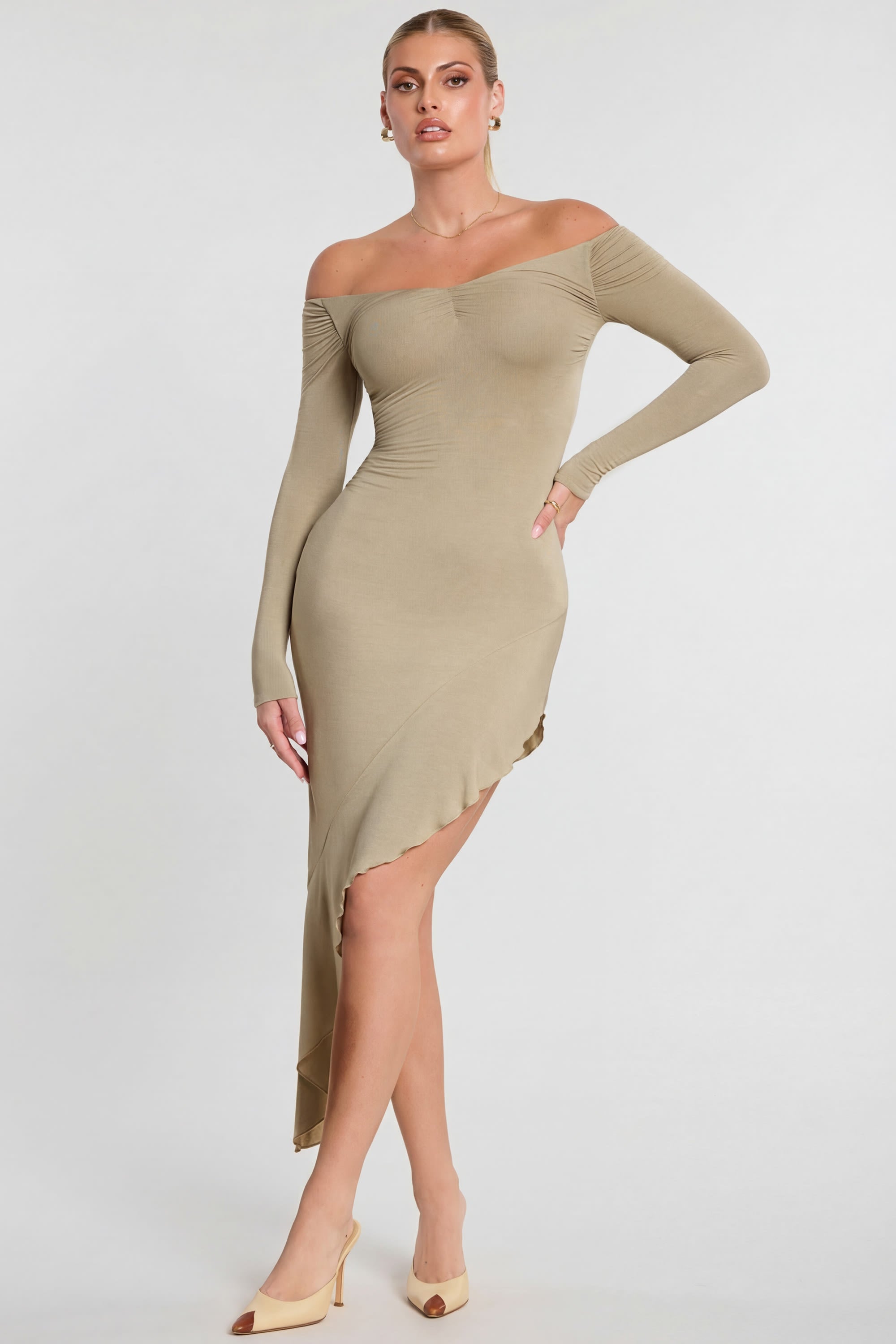 Long Sleeve Off-The-Shoulder Modal Cashmere Blend Maxi Dress in Taupe