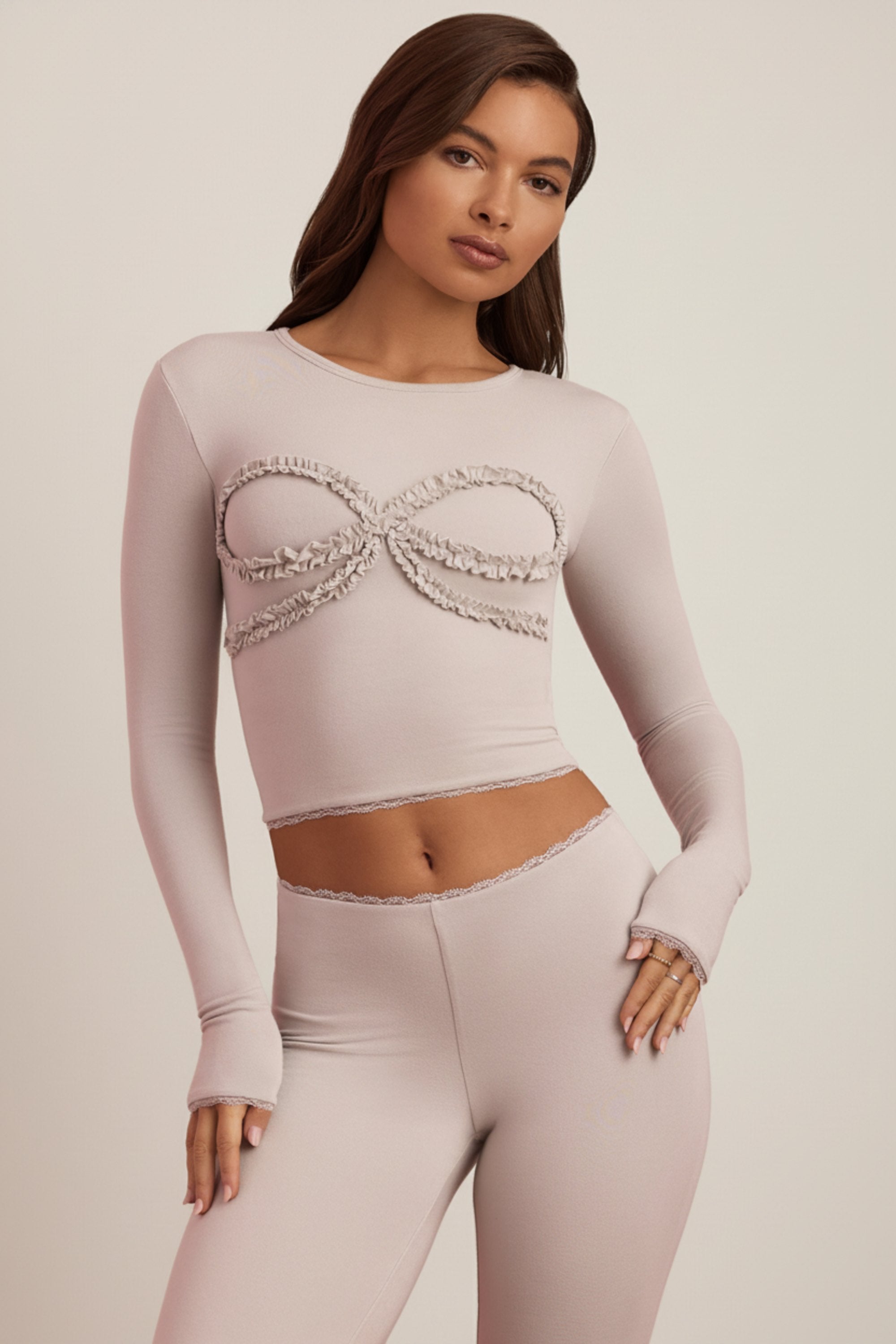 Modal Lace-Trim Appliqué Pyjama Top in Cloud Grey