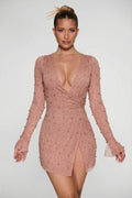 Embellished Wrap Over A-Line Mini Dress in Beige