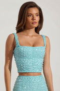 Embellished Square-Neck Crop Top in Aqua Blue