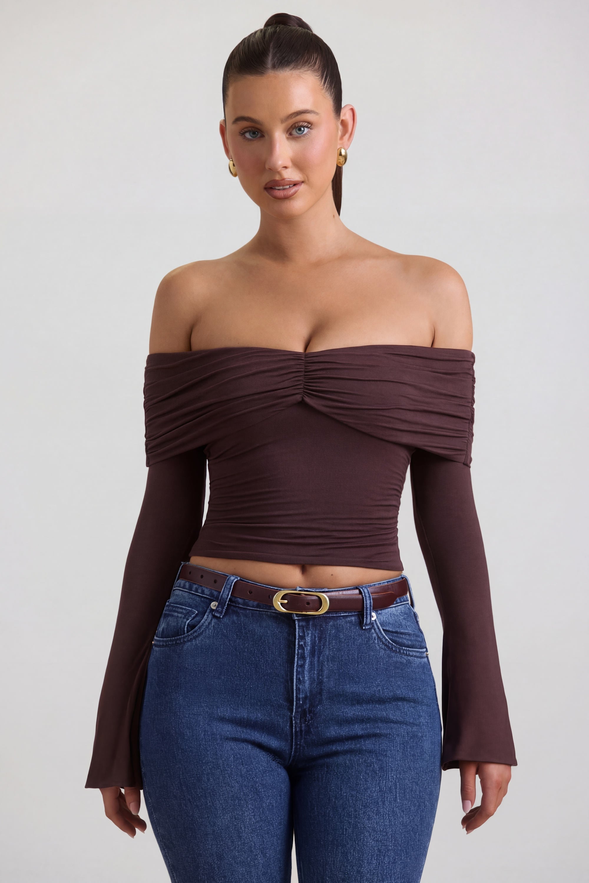 Modal-Cashmere Blend Off-Shoulder Ruched Top in Espresso
