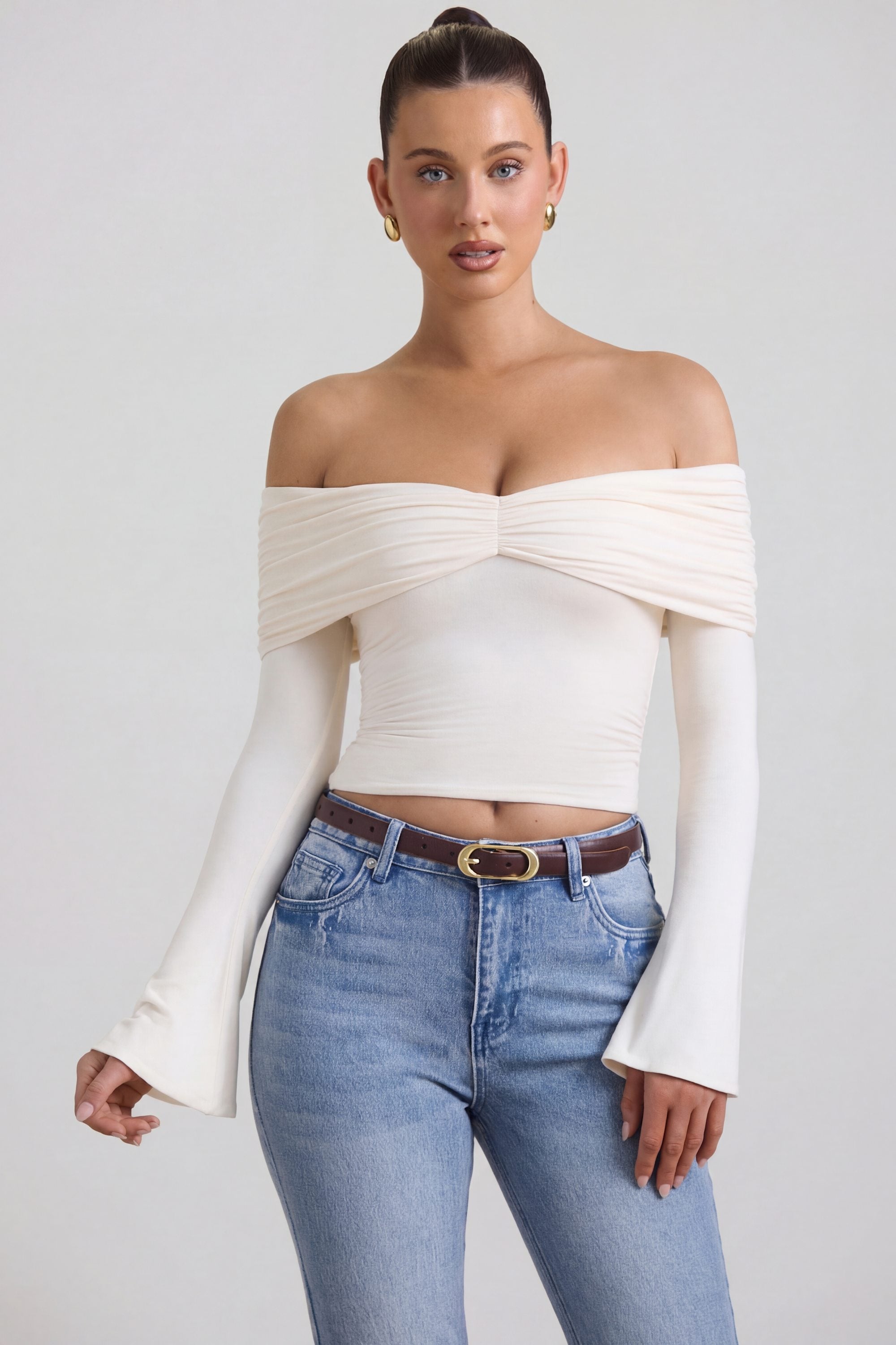 Modal-Cashmere Blend Off-Shoulder Ruched Top in Ivory