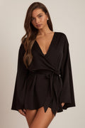 Embellished Loose-Fit Wrap-Over Robe in Black