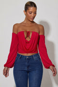 Off-Shoulder Draped Balloon-Sleeve Top in Red