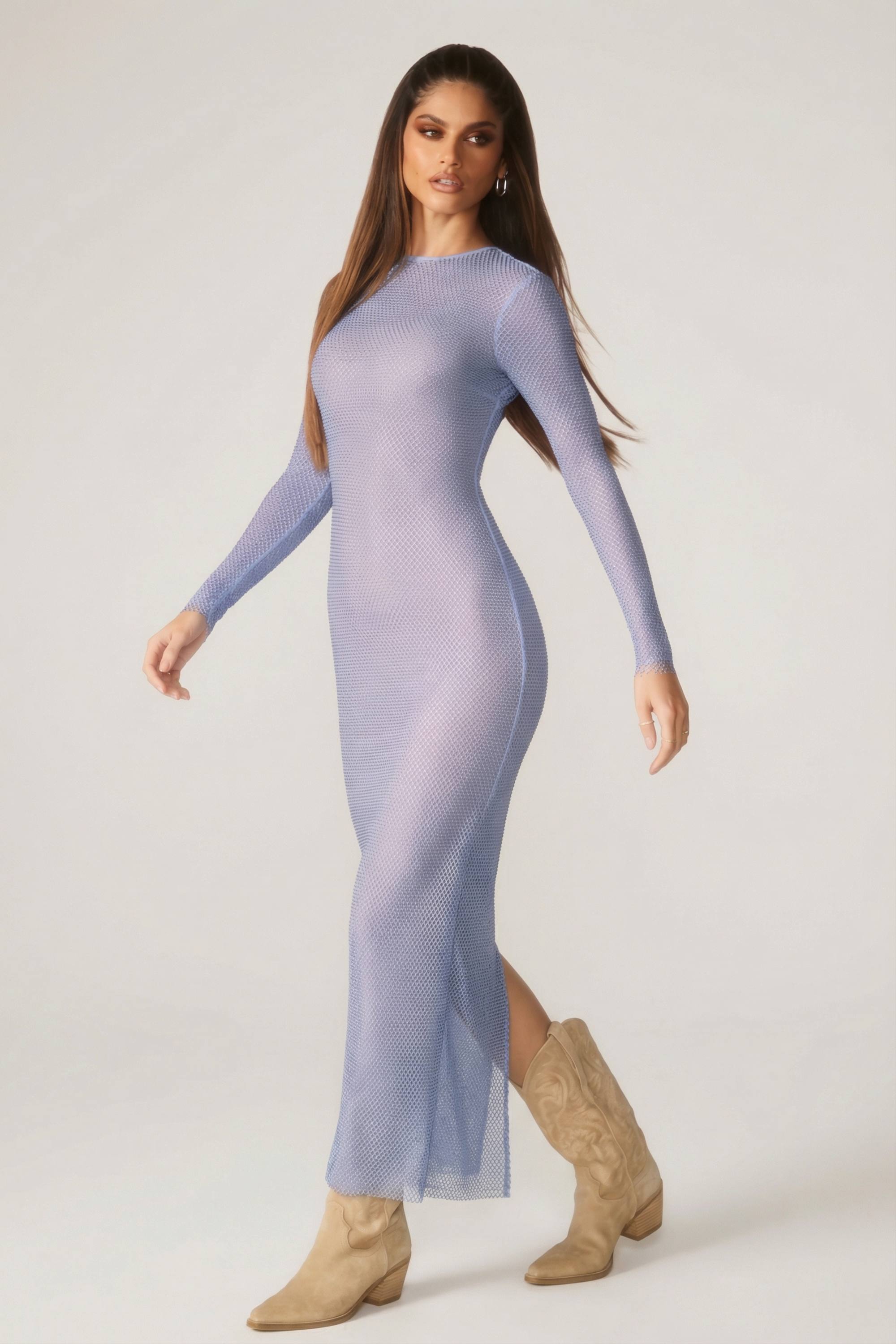 Embellished Long Sleeve Maxi Dress in Blue