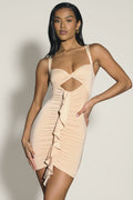 Slinky Jersey Cut-Out Ruffle-Trim Mini Dress in Buttercream