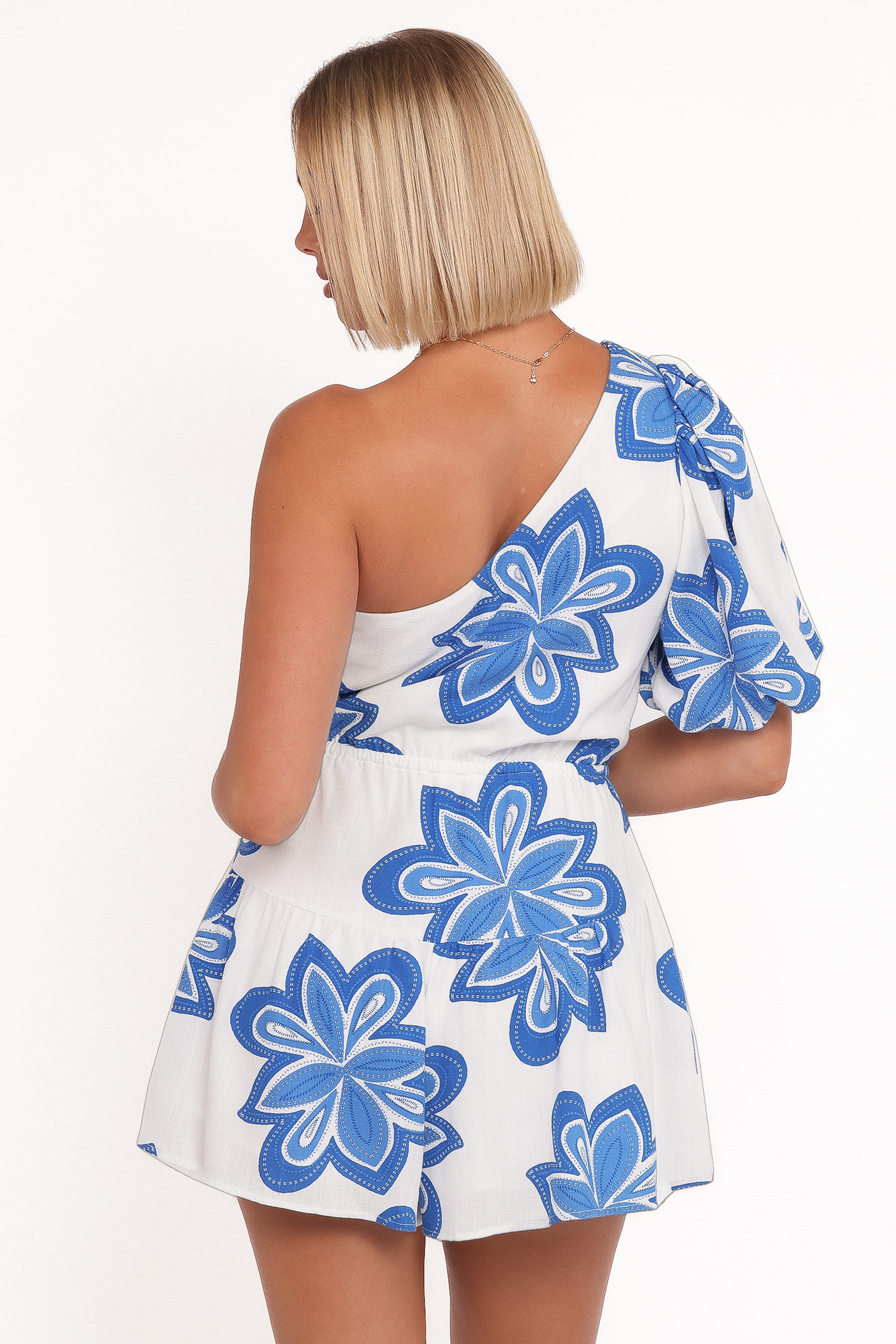 Delphine One Shoulder Playsuit - White Blue