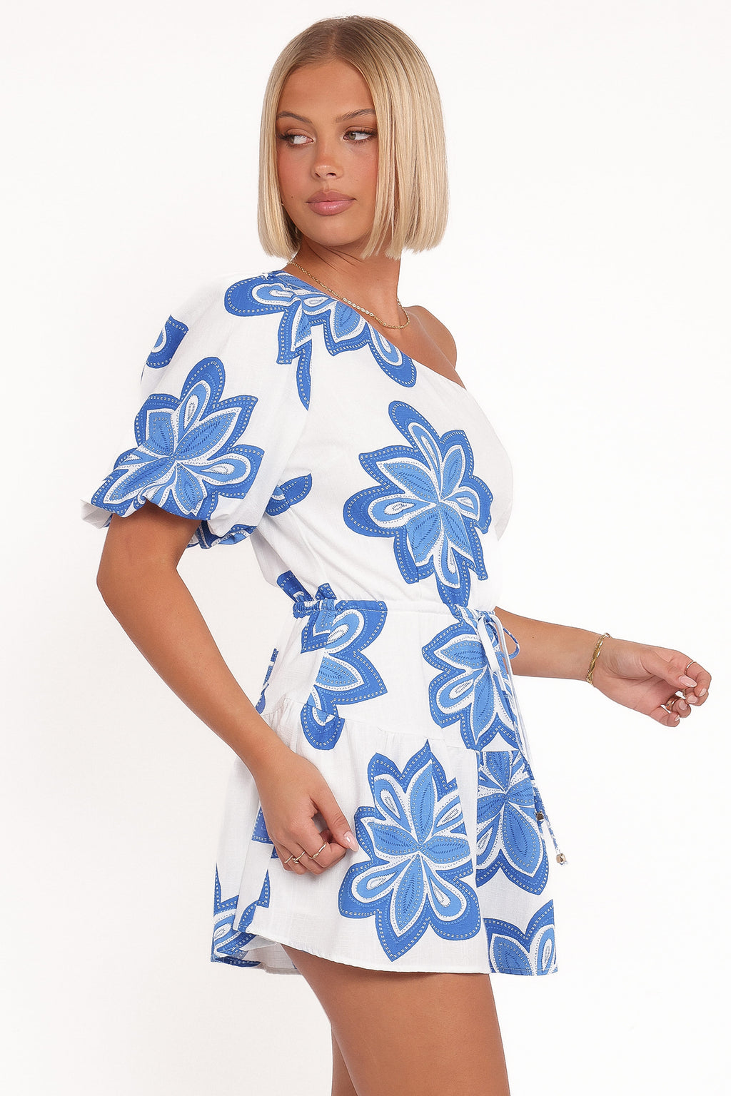 Delphine One Shoulder Playsuit - White Blue